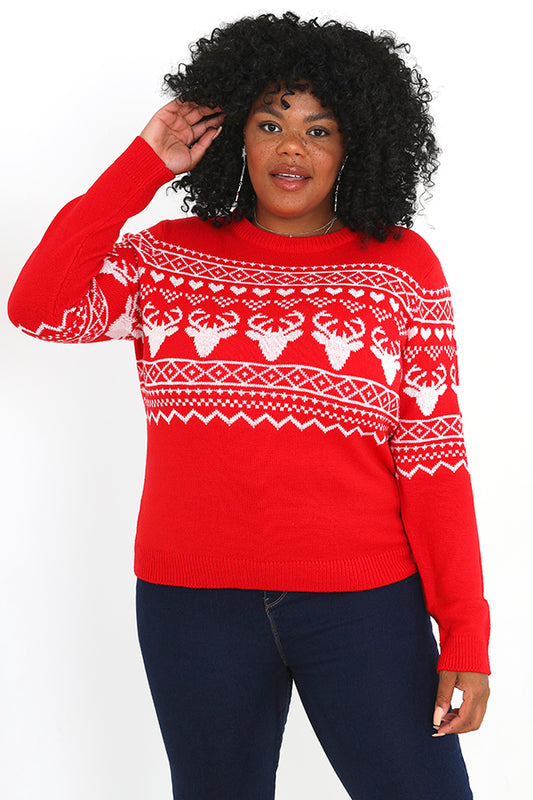 Plus Size Red Jacquard Design Christmas Jumper