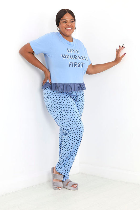 Plus Size Blue Slogan Frill Detail Pyjama Set