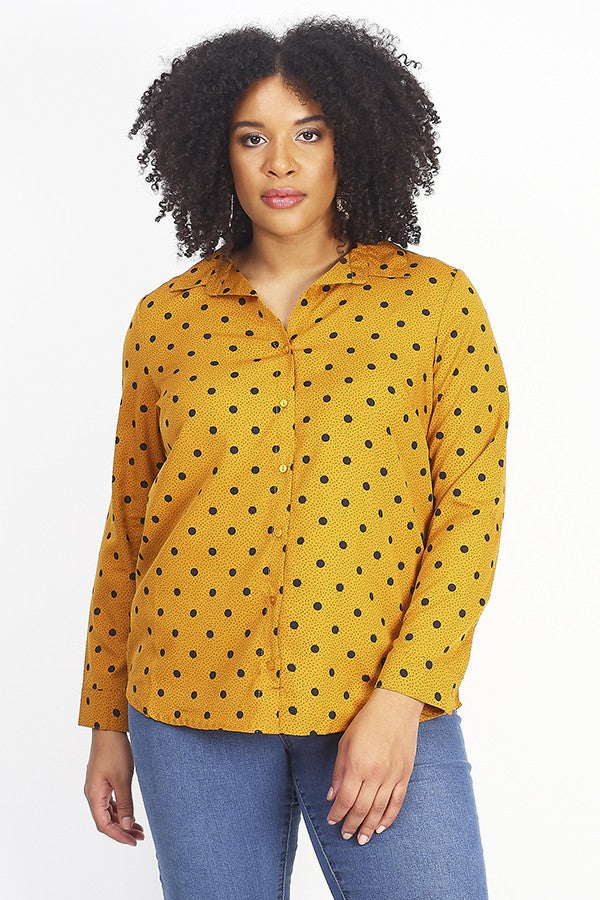 Plus Size Mustard Polka Dot Long Sleeve Shirt