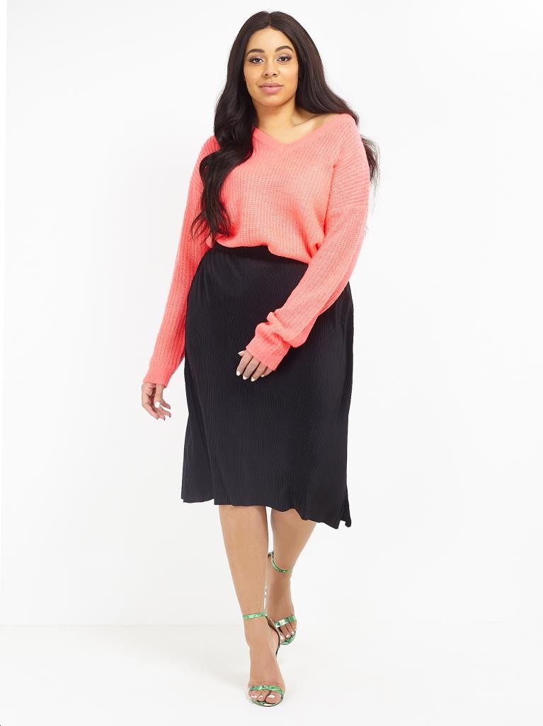 Plus Size Black Plisse Midi Skirt