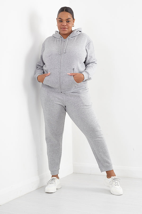 Plus Size Plain Grey Marl Drawstring Zip Hoodie