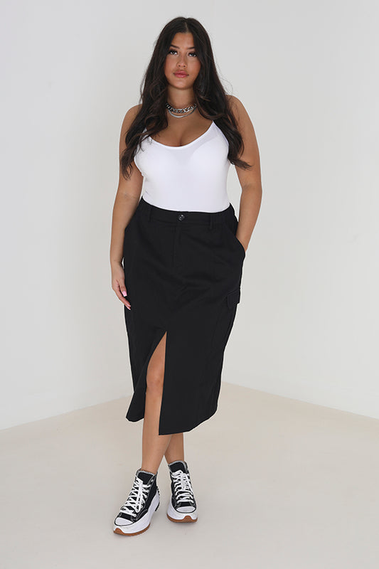 Black Plus Size Cargo Style Denim Midi Skirt