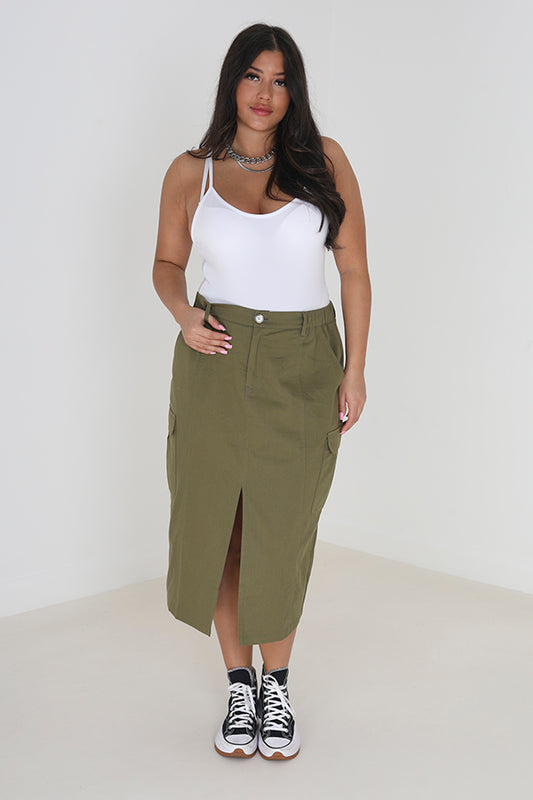 Khaki Plus Size Cargo Style Denim Midi Skirt