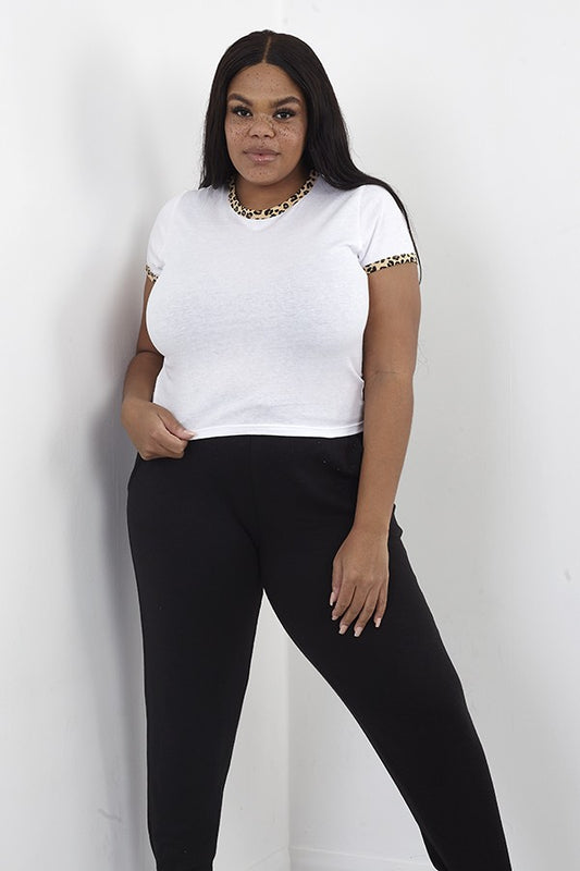 Plus Size Leopard Print Trim Short Sleeve T-Shirt