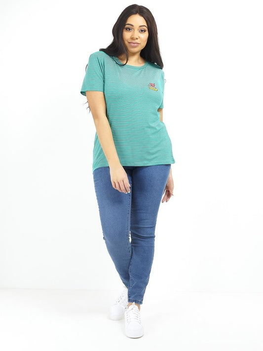 Plus Size Embroidered Chest Badge Striped T-Shirt