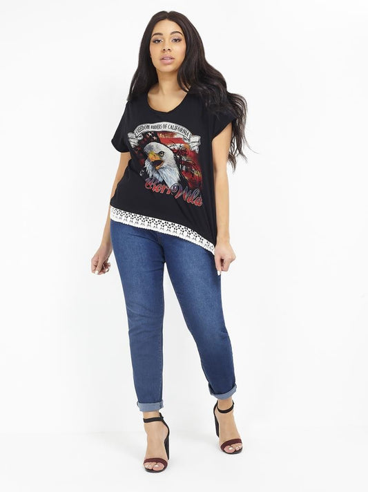 Plus Size Biker Slogan Print Crochet Hem T-Shirt