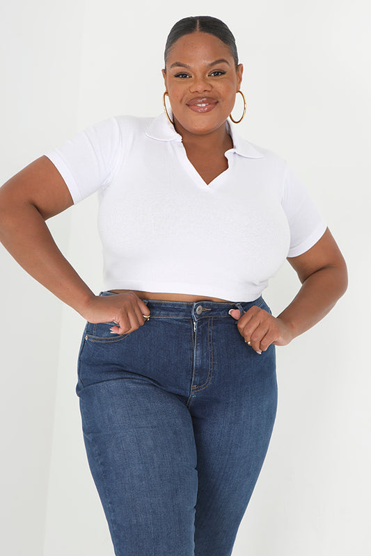 Plus Size V-Neck Collar Detail Cropped Ribbed T-Shirt
