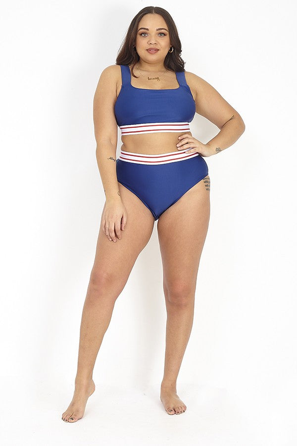 Plus Size High Leg Striped Waistband Bikini Bottoms